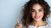 Young woman with curly brown hair and bright smile pointing up with index finger against light background. Wearing white lace top. Positive facial expression.