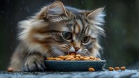 Fluffy long-haired tabby cat eating dry food from bowl during light rain, close-up portrait showing whiskers and blue eyes against dark background.