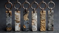 Handcrafted stone keychains with natural marble and gold accents hanging from copper rings against dark background.