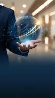 Businessman in dark suit holding glowing globe with upward trending arrow and financial charts, representing global growth, investment success, and digital business analytics in modern office.
