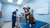 Veterinarian in blue scrubs examining brown and white pit bull terrier dog sitting on examination table in modern veterinary clinic with medical equipment.