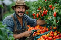 Bearded Caucasian farmer in hat and overalls harvesting fresh ripe tomatoes in organic garden. Sustainable agriculture and local food production concept.