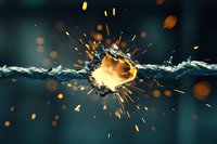 Dramatic collision of water and fire creating explosive splash effect with glowing sparks and droplets against dark background, capturing dynamic motion and energy.