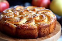 Fresh baked apple rose cake with spiral pattern of sliced apples on top, golden brown crust and powdered sugar dusting on wooden board.