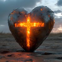 Glowing cross illuminates metal heart sculpture on dark beach at sunset, dramatic stormy sky creates moody atmosphere for spiritual and faith concept.