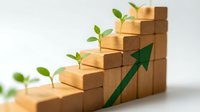 Wooden blocks arranged as ascending stairs with green arrow and small plants sprouting from each step representing business growth and sustainable development.