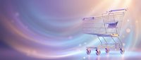Empty shopping cart on abstract purple gradient background with flowing waves and bokeh lights for retail and e-commerce concepts.