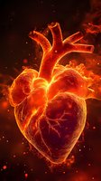 Glowing human heart anatomy with fiery orange energy effects and sparkling particles on dark background for medical education and healthcare concepts.