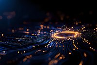 Abstract digital circuit with glowing golden light ring and blue illuminated pathways on dark background, representing advanced technology and connectivity.