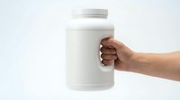 Hand holding white supplement bottle with blank label on isolated background, suitable for health product marketing and packaging design.