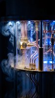 Quantum computing system with cryogenic cooling chamber emitting vapor in futuristic laboratory setting with blue lighting and copper components.
