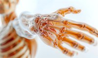 Orange and white x-ray scan of human hand showing detailed bone structure and joints in medical diagnostic imaging style, suitable for healthcare presentations.