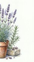 Watercolor lavender plant in terracotta pot with natural soap bar and scattered flowers on white background for aromatherapy and wellness designs.