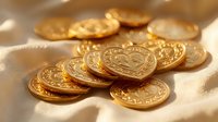Pile of shiny golden coins scattered on light surface, symbolizing wealth, savings, and financial success for business and investment concepts.