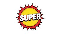 Comic book style burst badge with SUPER text in bold white letters on yellow center with red spiky border isolated on white background for promotional designs.