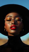 African American woman wearing round glasses and wide-brim black hat, with bright red lips and golden eyeshadow against blue sky background. Fashion portrait highlighting glamour makeup.