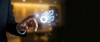 Businessman hand touching glowing neon growth arrow and gear icons, representing business strategy, innovation, and digital transformation for corporate success and development.