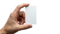 Male hand holding blank white business card mockup isolated on white background for branding and corporate identity design projects.