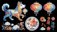 Colorful Asian-inspired dog illustration with lanterns and decorative elements isolated on transparent background, ready for t-shirt design, clipart, stickers, sublimation and print-on-demand projects.