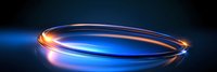 Glowing neon ring with blue and orange light trails on dark background creates futuristic abstract composition for technology and innovation concepts.
