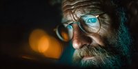 Elderly bearded man with glasses and wrinkled forehead illuminated by blue light, suggesting late night computer work or digital screen usage for technology concepts.
