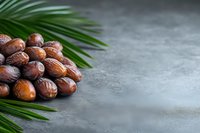Fresh dates fruit pile with green palm leaves on gray stone surface for healthy snacking and Middle Eastern cuisine recipes.