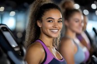 Young African American woman with curly hair smiling during workout at gym, wearing purple sports top. Fitness and wellness lifestyle concept. Blurred background.