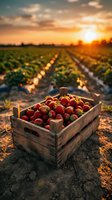Fresh strawberries in wooden crate at sunset on farm field with golden light and bokeh effects for harvest and agriculture concepts.