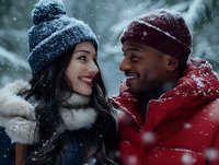 Diverse young couple sharing romantic moment outdoors during snowfall, wearing winter clothing and knit hats, expressing joy and connection in snowy weather.