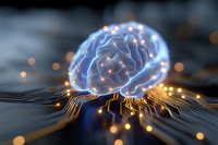 Glowing blue brain hologram floating above circuit board with orange light connections, representing artificial intelligence and neural networks in technology.
