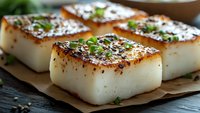 Pan seared scallops with caramelized crust garnished with fresh herbs and cracked pepper on parchment paper, close up view showing texture and golden brown sear.