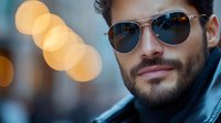 Young Hispanic man with beard wearing stylish sunglasses against blurred city lights background, creating modern urban portrait with bokeh effect.