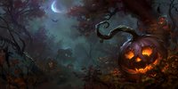 Spooky forest scene with glowing jack o'lantern among twisted trees, crescent moon, and autumn leaves in mystical foggy atmosphere. Halloween fantasy landscape.