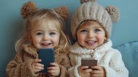 Young Caucasian girls in cozy winter knit hats with pom-poms and warm sweaters smile while holding smartphones, sitting together on blue background.