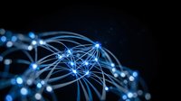Abstract network connections with glowing blue nodes and flowing data streams on dark background for technology and digital communication concepts.