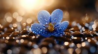 Delicate blue spring flower with water drops on petals against blurred golden bokeh background, creating magical nature macro photography atmosphere.