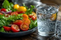 Fresh garden salad with cherry tomatoes and lettuce served on dark plate next to sparkling water with ice and lemon slice on wooden table background.