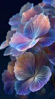 Luminous translucent flower petals in vibrant purple, blue and pink hues against dark background, creating ethereal glow effect for artistic designs.