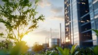 Sunset view of modern industrial facility through green foliage, with dramatic sky and sunburst creating atmospheric industrial landscape at dusk.