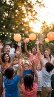 Happy diverse group of children and adults raising hands together at outdoor summer party with string lights and warm sunset bokeh background.