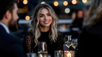 Young blonde woman smiling at elegant dinner party with warm bokeh lights, enjoying sophisticated evening social gathering with wine glasses and companions.