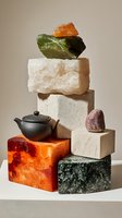 Balanced composition of natural mineral stones, rough crystals and black ceramic teapot arranged in modern geometric shapes against neutral background.