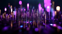 Glowing purple and pink light pillars with bokeh effect create magical atmosphere on dark background, reflective surface adds depth and dimension.