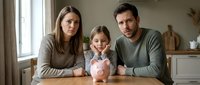 Happy Caucasian family with young daughter saving money together at home kitchen table with pink piggy bank for future financial planning and budgeting goals.