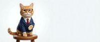 Orange tabby cat wearing glasses and business suit sitting on wooden stool against white background, professional corporate mascot for office humor concepts.