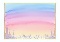 Pastel watercolor fantasy background with castle silhouettes and floral swirls, golden border frame, rainbow gradient sky for greeting cards.