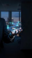 Businessman holding holographic project management interface with milestones and progress tracking in modern office environment for digital transformation.