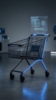Futuristic shopping cart with glowing neon blue lights and holographic digital wallet interface, symbolizing secure e-commerce and encrypted transactions.