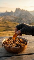 Hand in gloved mitten reaching into copper bowl of mixed nuts on wooden table with alpine mountain peaks and golden meadow in soft focus background at sunset.