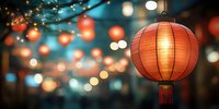 Red paper lantern glowing warmly with bokeh lights creating festive atmosphere for celebrations, festivals, and cultural events decoration.